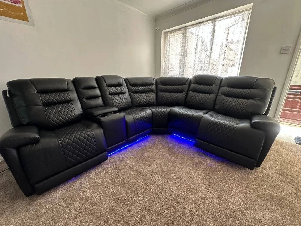 MNS Brand New | Halifax Electric Recliner |Corner Sofa | Usb, Led Lights | Black