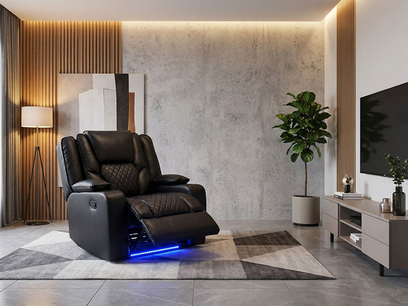 Electric Recliner Orlando Armchair Black 1 seater | USB, Cup Holders, LED