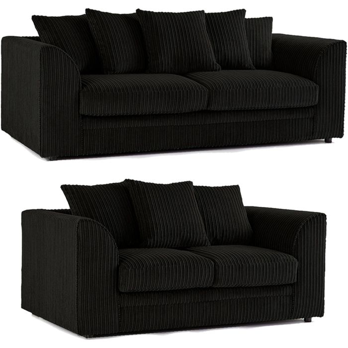 Dylan Jumbo Cord Fabric Corner Sofa with Cushions 3 Seaters, 2 Seaters L-Shape Sofa - Black