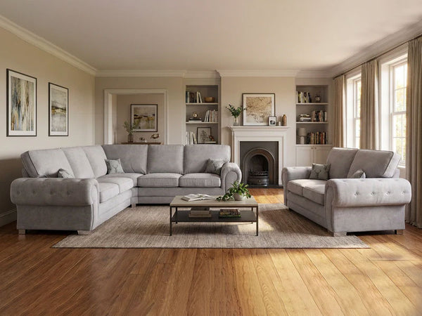 Luxury Kensington/Verona Fullback Grey Fabric Corner Sofa Set - 3,2 Seaters
