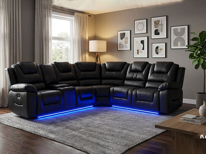 MNS Oxford Black or Grey Electric Recliner Corner Sofa- USB + Cupholders + Blue LED