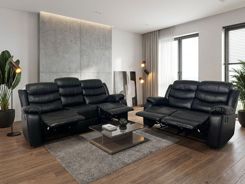 Roma Black Leather Recliner Sofa 3+2 Seater Set Couch With Cup Holders