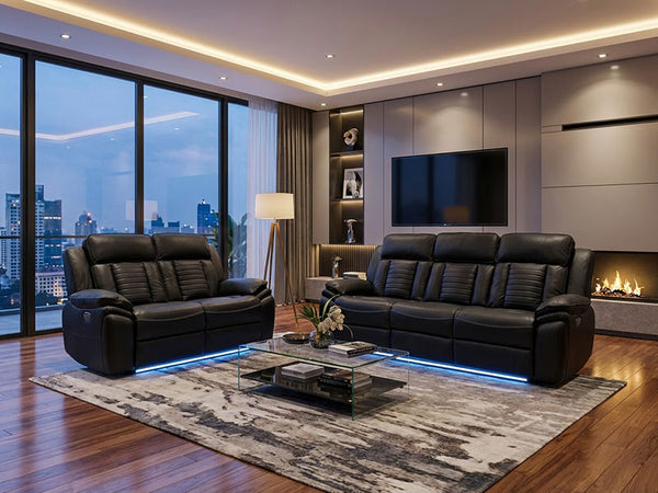 MNS Savilla Leather Electric Recliners Sofa With Cupholders – 3+2 Seater Sofa Set – Black