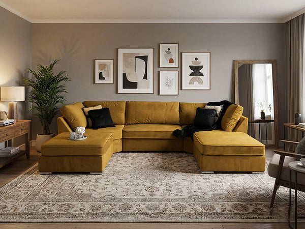 Bishop Fullback U Shape Corner Sofa With Large Footstool - Gold Plush Fabric Sofa