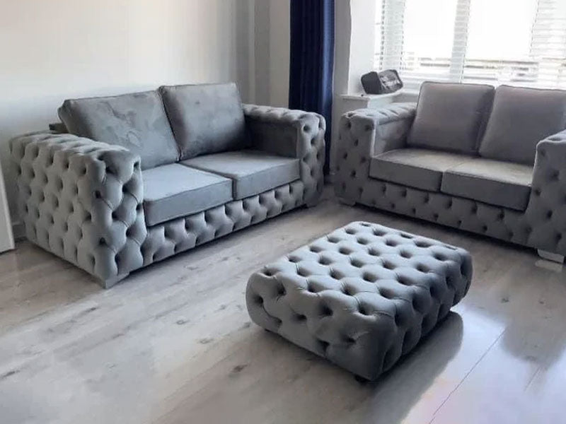 3+2 Set Ashton Chesterfield Full Back Sofa - Silver Plush Velvet Fabric Sofa