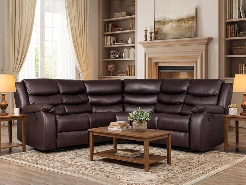 Roma Brown Corner Recliner Sofa With Cupholders - Leather Reciner Sofa