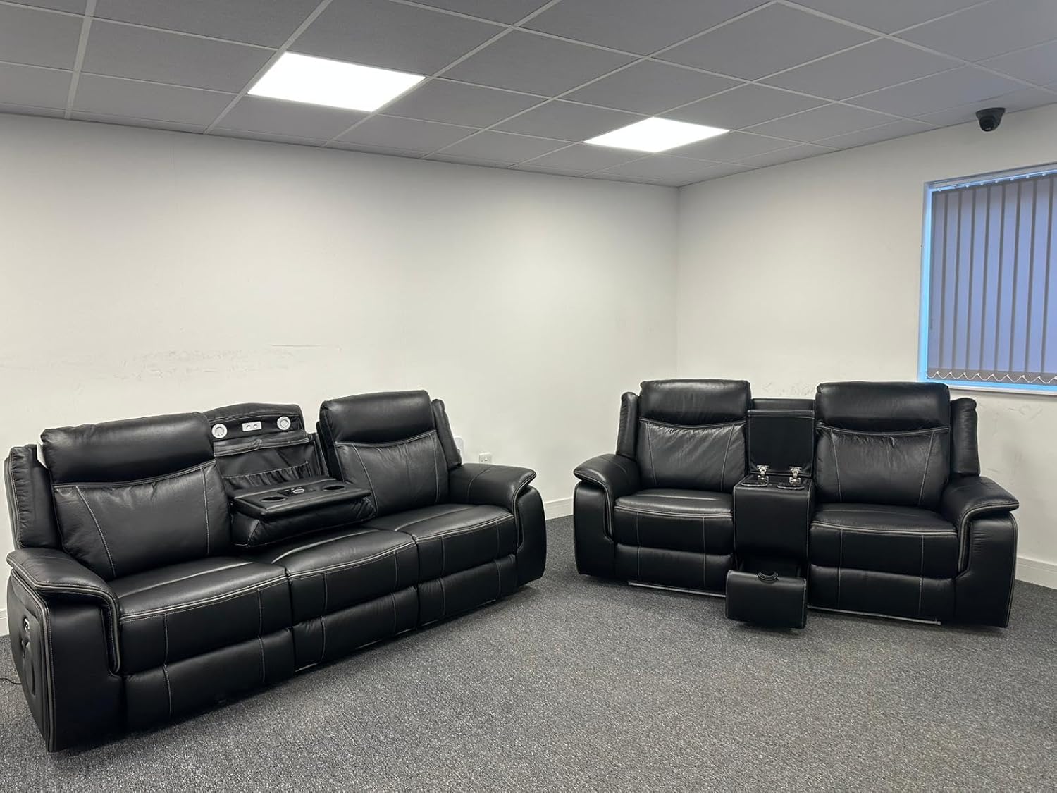 MNS Pradaa Leather Electric Recliner Sofa Set With Cupholders, LED Lights – Bluetooth Speakers – Cooling Cupholders