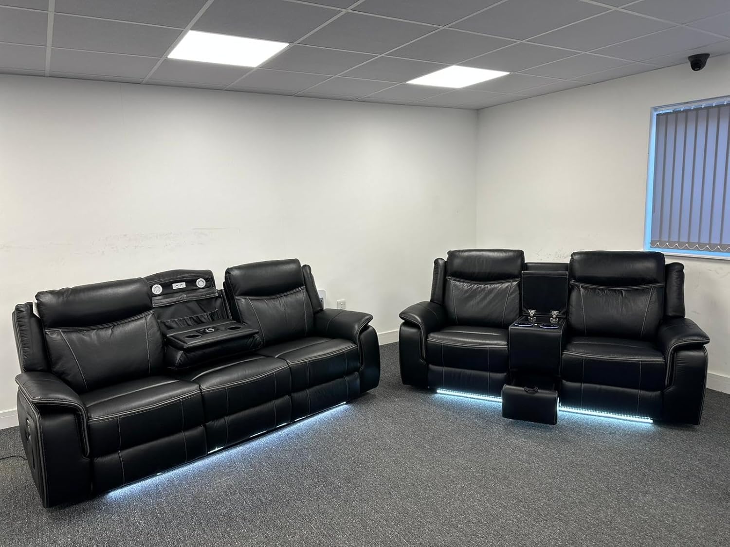 MNS Pradaa Leather Electric Recliner Sofa Set With Cupholders, LED Lights – Bluetooth Speakers – Cooling Cupholders