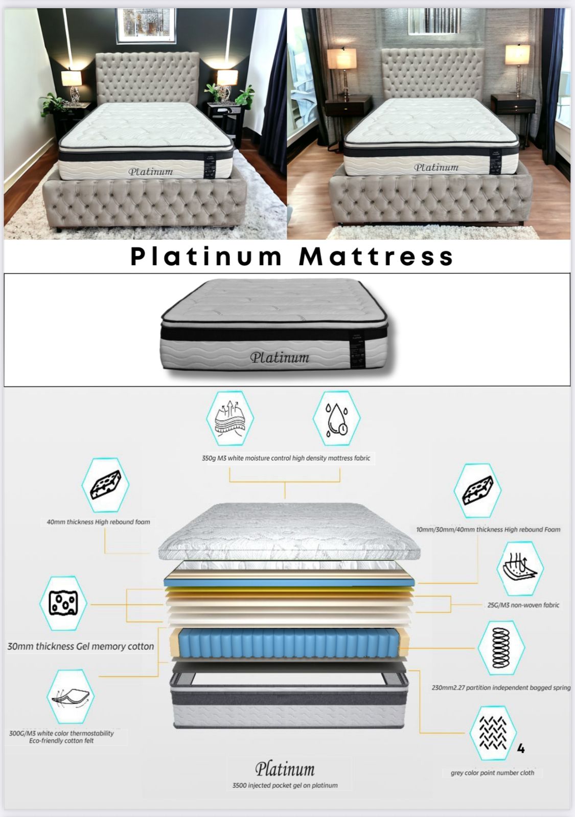 LUXURY PLATINUM 3500 GEL POCKET MATTRESS 3FT 4FT 4FT6 DOUBLE 5FT KING SIZE