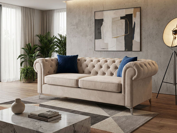 3 Seater Round Arms Chesterfield Sofa in Cream Plush Velvet