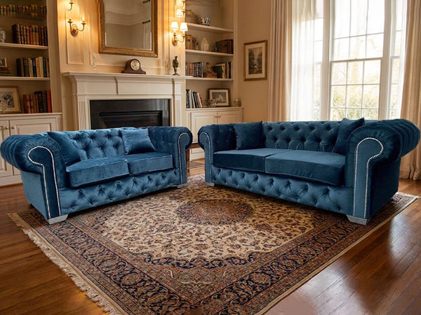Olympia Blue Plush Velvet Chesterfield Sofa – Diamond Detailing & Foam Seat Cushions, Round Arms