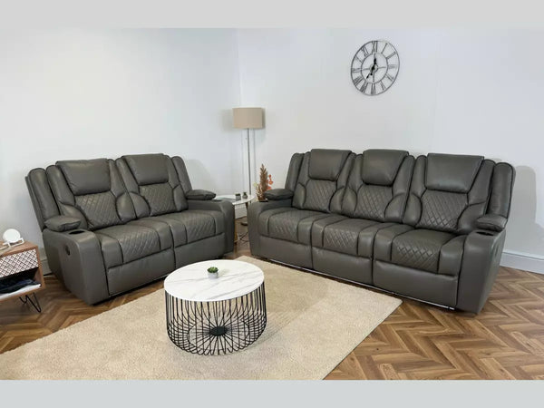 Orlando Grey Electric Recliner Grey Leather Sofa Set, USB, Cup Holders, LED