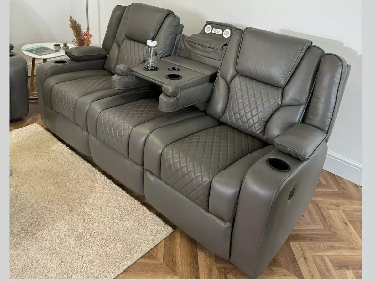 Orlando 3+2 Grey Electric Recliner Grey Leather Sofa Set, USB, Cup Holders, LED