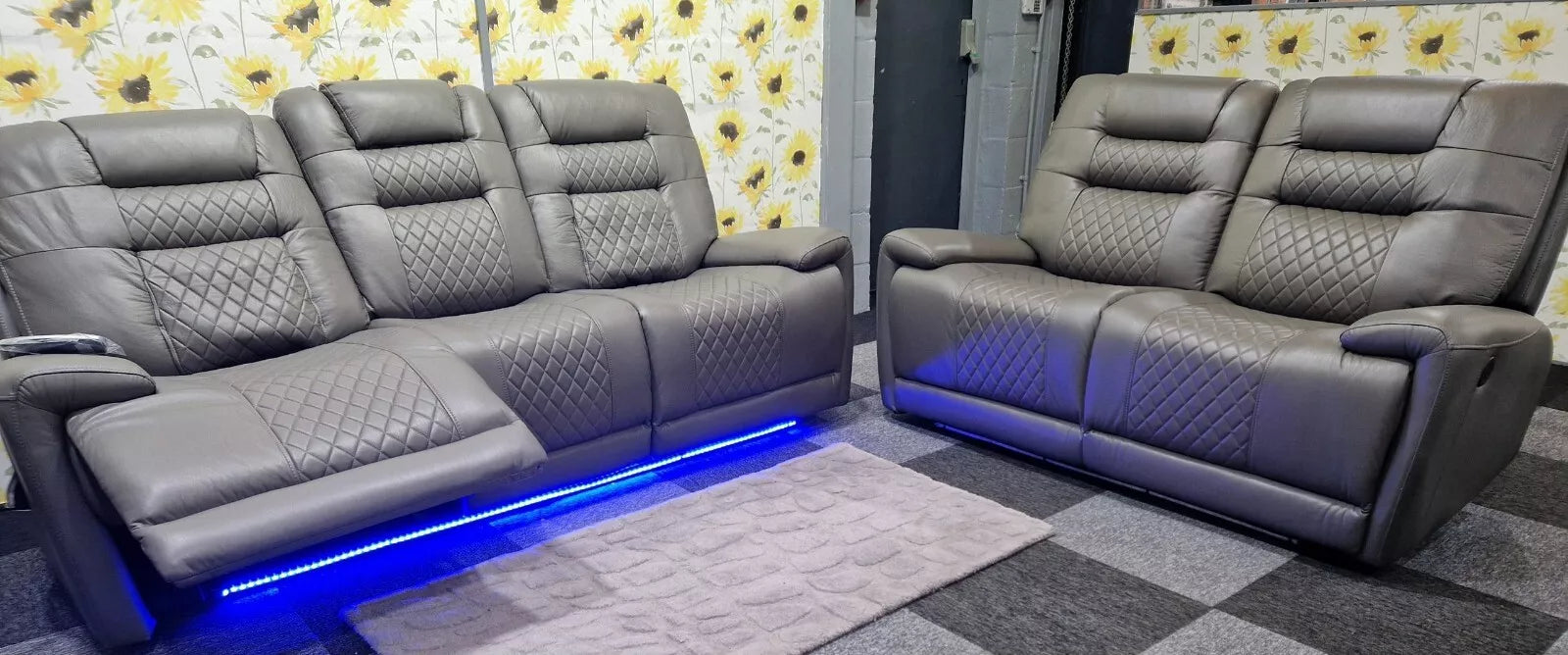 Halifax Electric Massage Recliners. Grey 3 & 2 Seater Set , USB, LED Lights