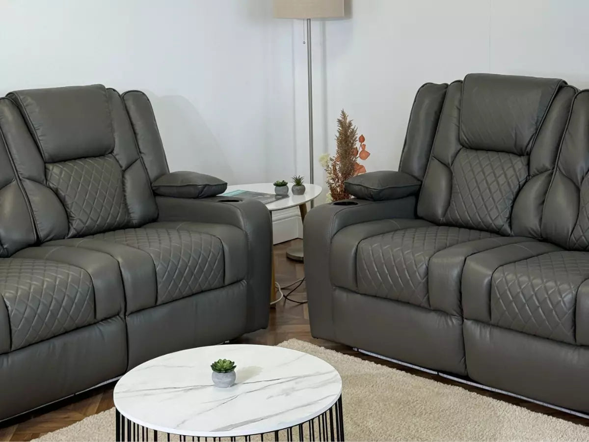 Orlando 3+2 Grey Electric Recliner Grey Leather Sofa Set, USB, Cup Holders, LED