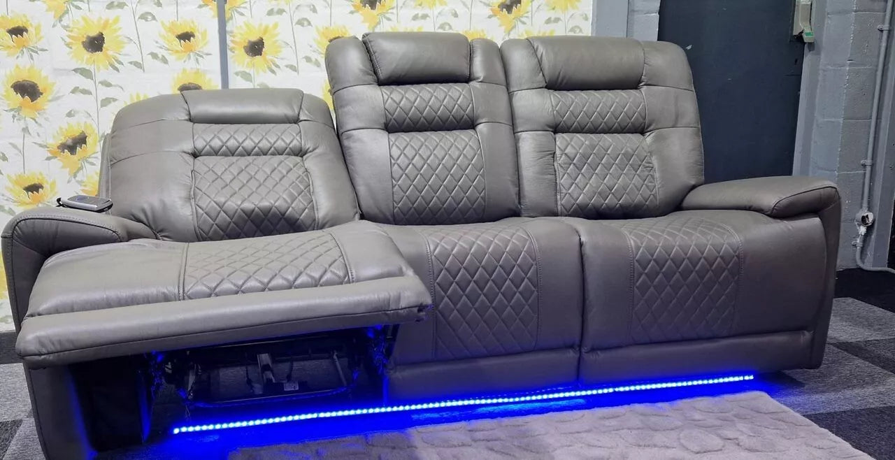 Halifax Electric Massage Recliners. Grey 3 & 2 Seater Set , USB, LED Lights