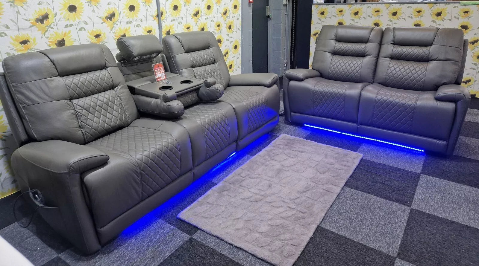 Halifax Electric Massage Recliners. Grey 3 & 2 Seater Set , USB, LED Lights