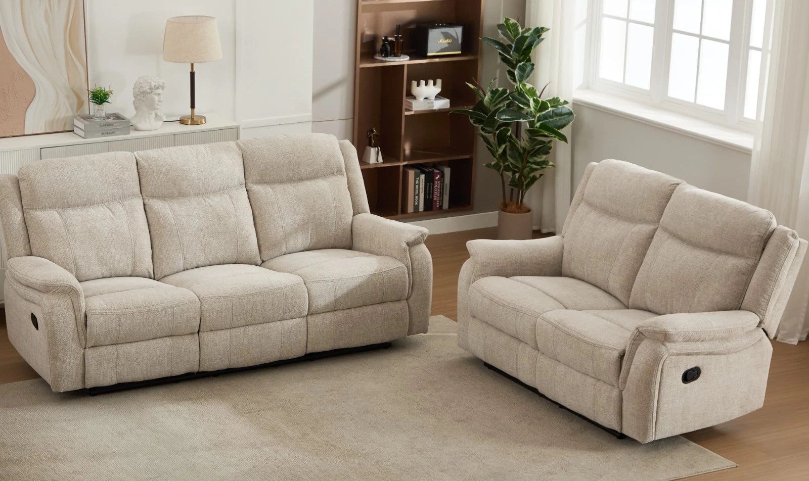 MNS Siyara Fabric Manual Recliner Sofa Set 3+2 Seater Beige - 3 and 2 Seater Recliner Sofa