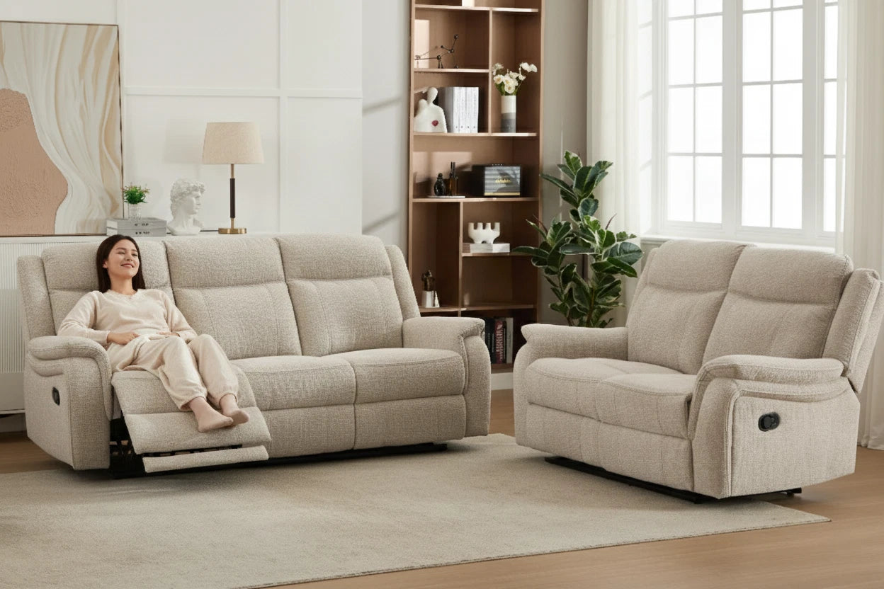 MNS Siyara Fabric Manual Recliner Sofa Set 3+2 Seater Beige - 3 and 2 Seater Recliner Sofa