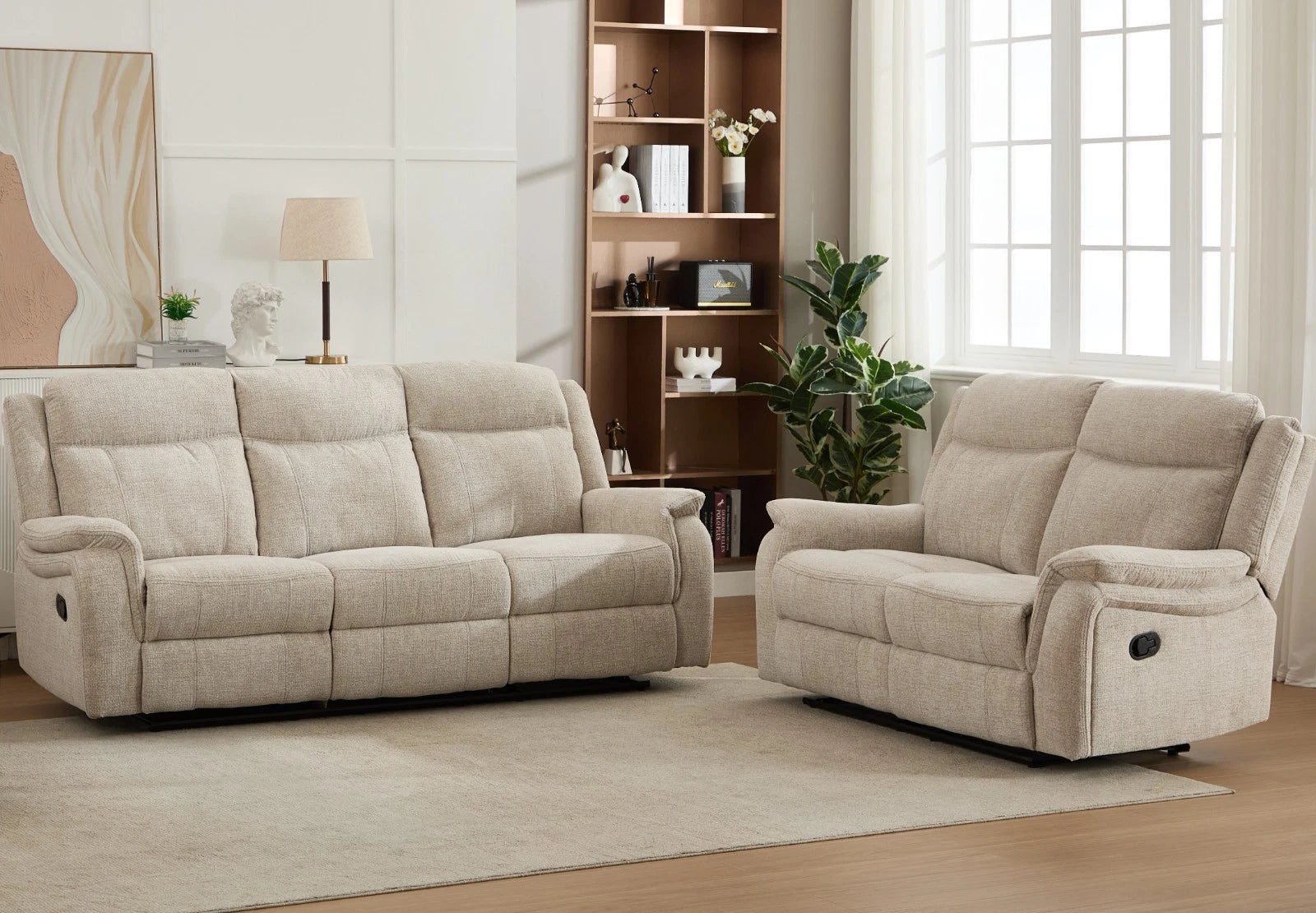 MNS Siyara Fabric Manual Recliner Sofa Set 3+2 Seater Beige - 3 and 2 Seater Recliner Sofa