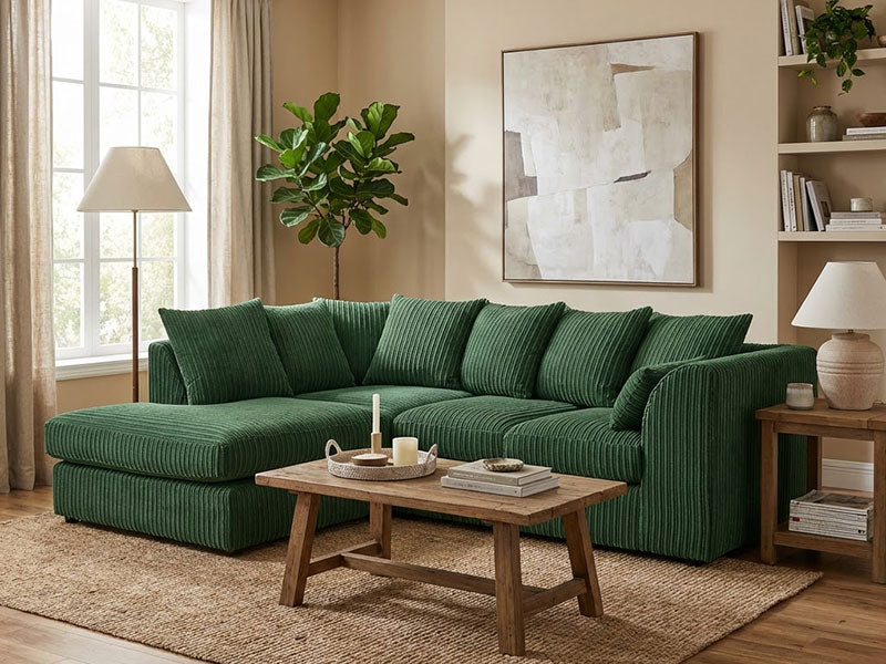 Dylan Jumbo Cord Fabric Corner Sofa with Cushions 3 Seaters, 2 Seaters L-Shape Sofa - Green