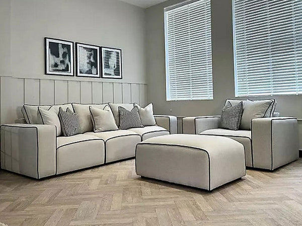 Sloane 3 Seater Sofa, Armchair and Footstool Set - Custom Contrast Piping - Cream