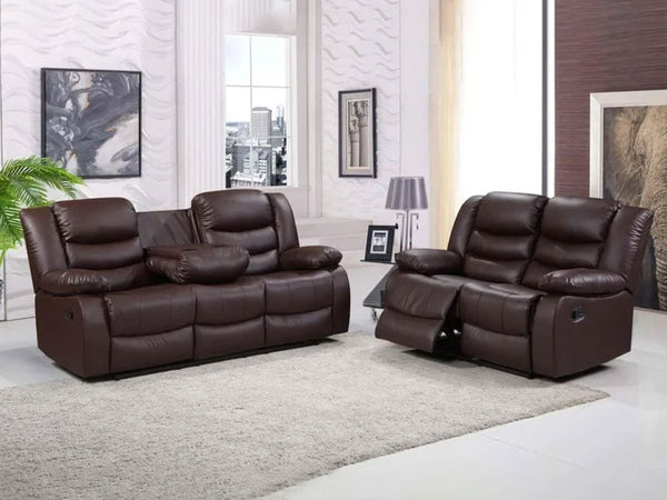 Roma Leather Recliner Sofa 3+2 Seater Set Couch Settee with Cup Holders - Brown