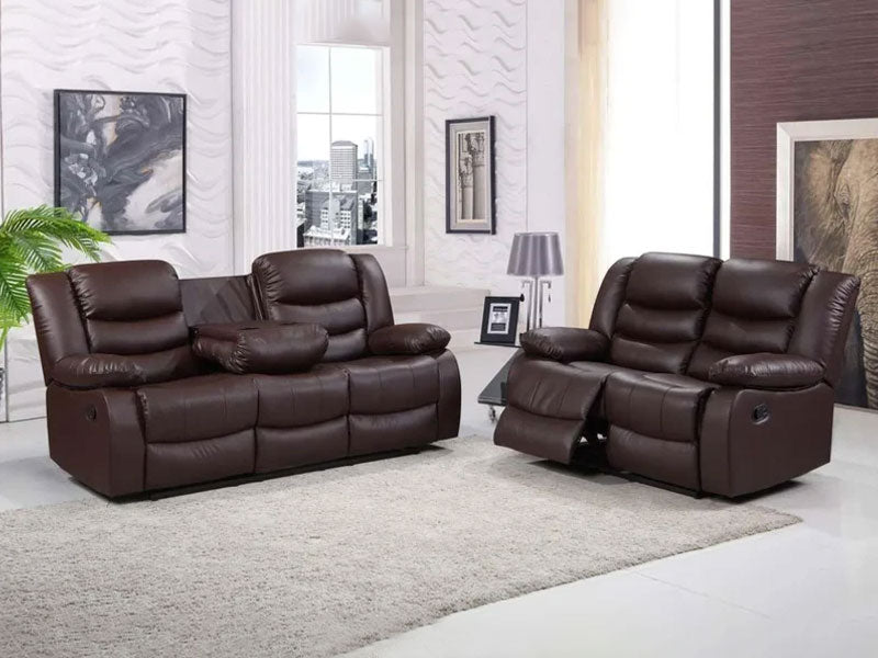 Roma Leather Recliner Sofa 3+2 Seater Set Couch Settee with Cup Holders - Brown