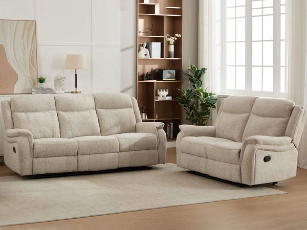 MNS Siyara Fabric Manual Recliner Sofa Set 3+2 Seater Beige - 3 and 2 Seater Recliner Sofa