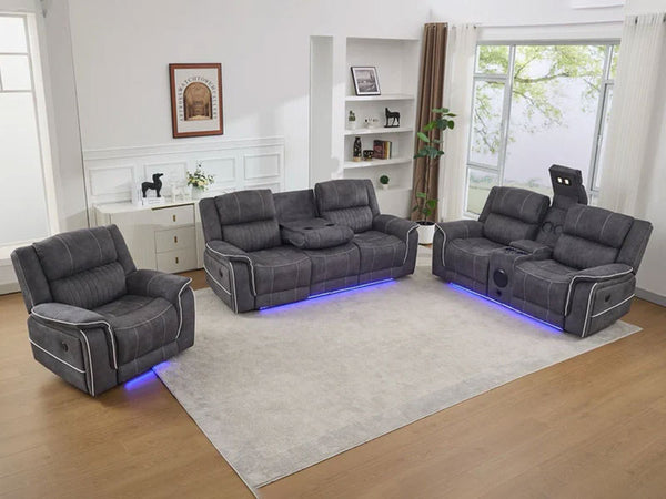 Geneva Pro Electric Recliner Fabric Sofa Dark Grey, LED, Wireles Charging