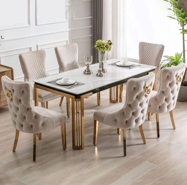 Sorrento Rectangle 150cm Ceramic Gold Table 6 Victoria Dark Cream Ring Knocker Velvet Chair