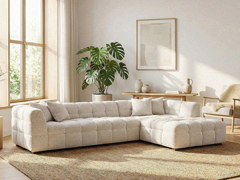 MNS Aluxo Tribeca Right Hand Corner Sofa in Oatmeal Boucle Fabric Matching Footstool