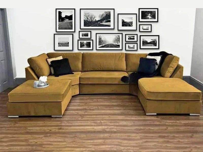 Bishop Fullback U Shape Corner Sofa With Large Footstool - Gold Plush Fabric Sofa