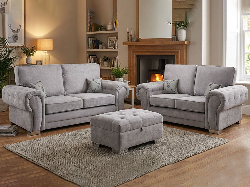 Luxury Kensington/Verona Fullback Grey Fabric Corner Sofa Set - 3,2 Seaters